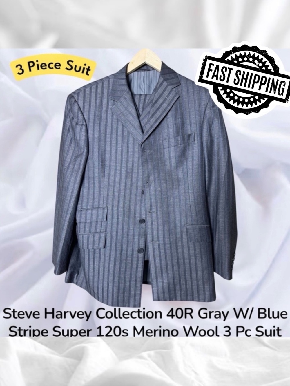 Steve Harvey Collection 40R Gray W/ Blue Stripe Super 120s Merino Wool 3 Pc Suit